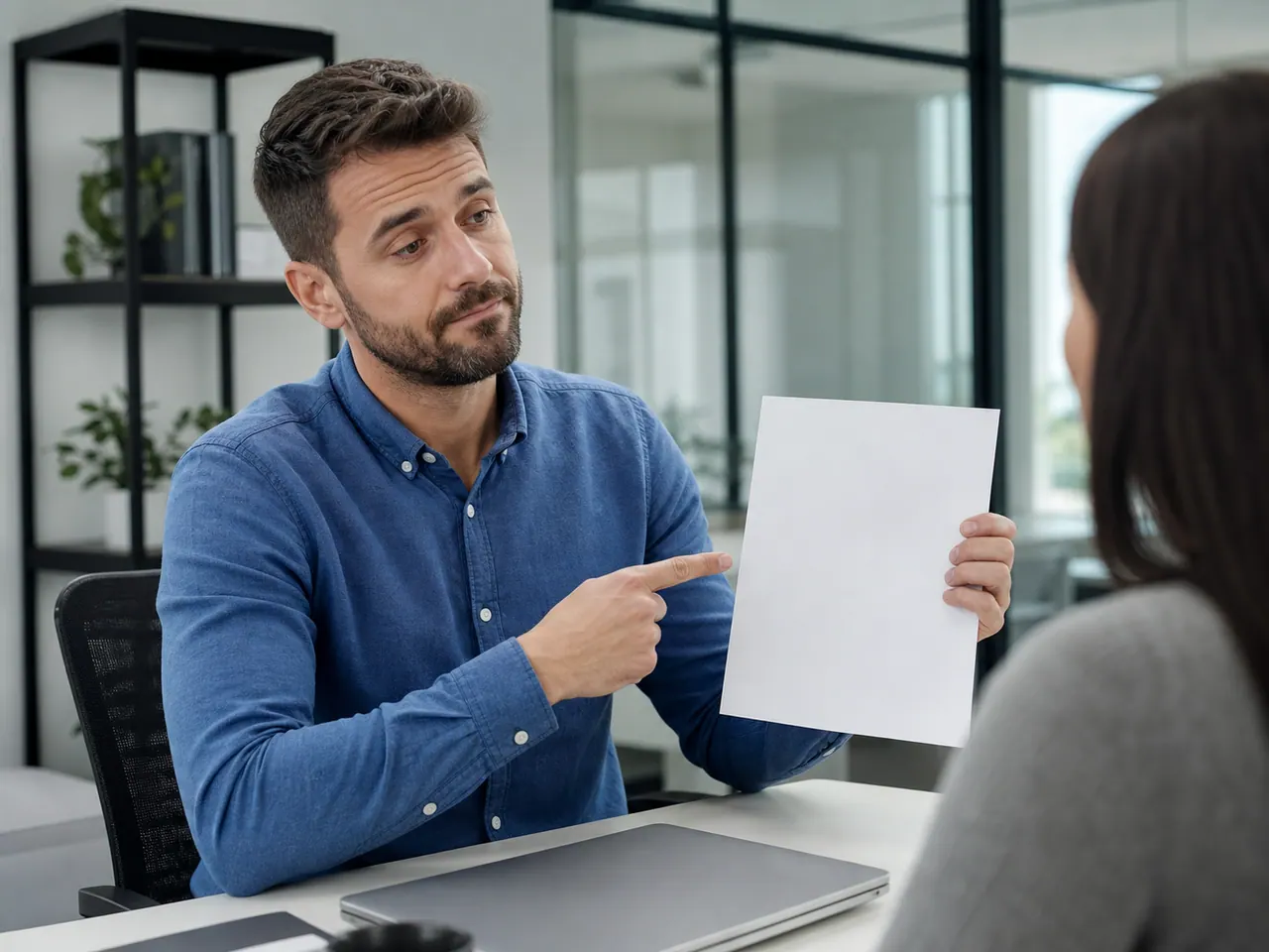 A person pointing at a document while explaining a boundary
