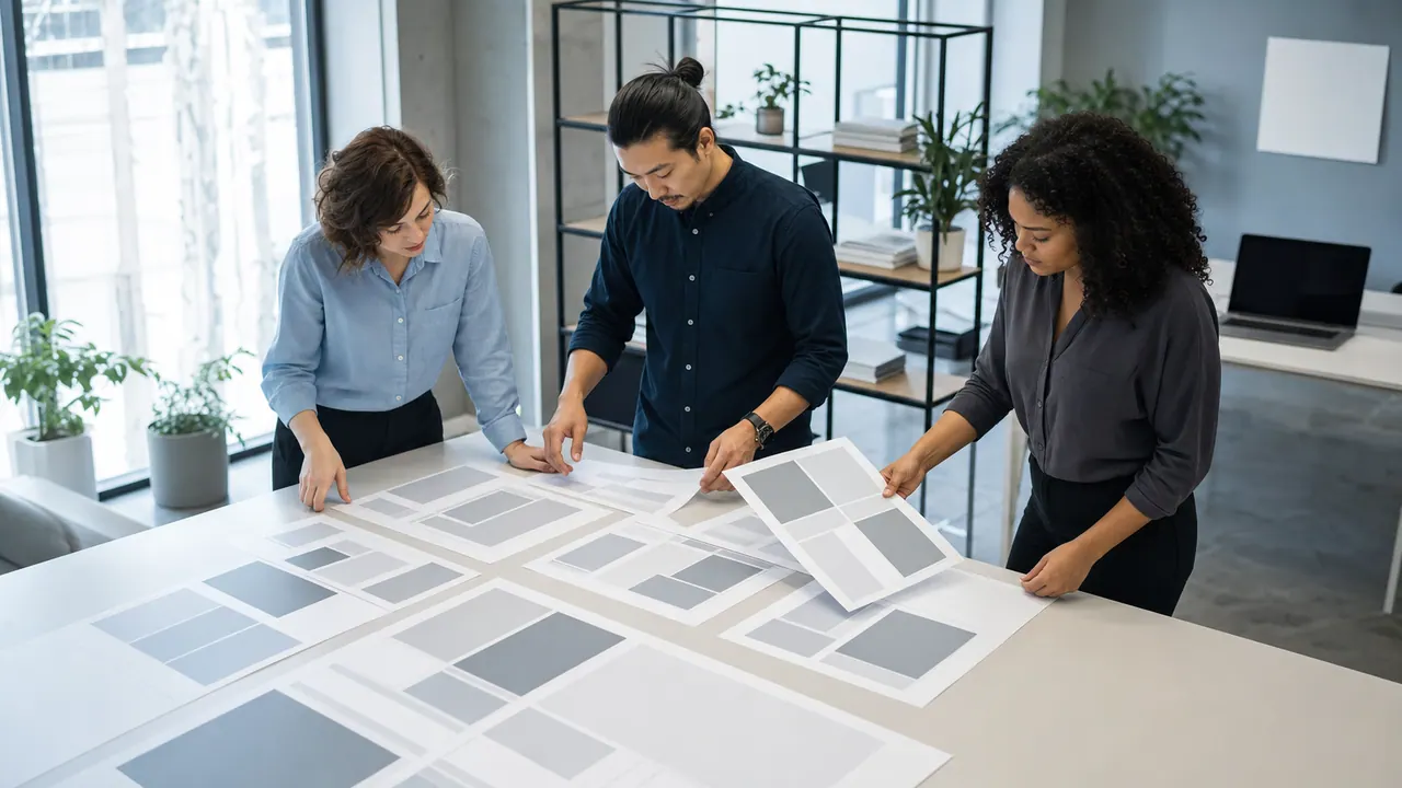An agency team reviewing printed layouts spread across a table