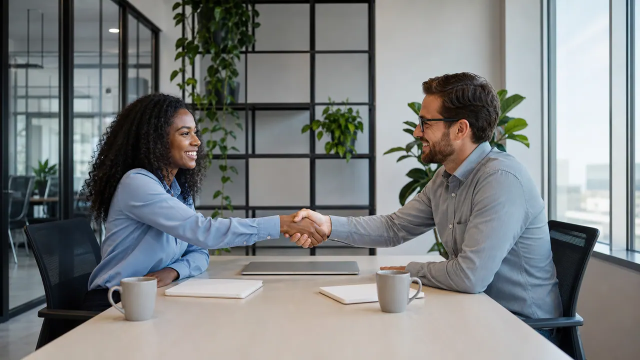 Two people shaking hands at the end of a working meeting