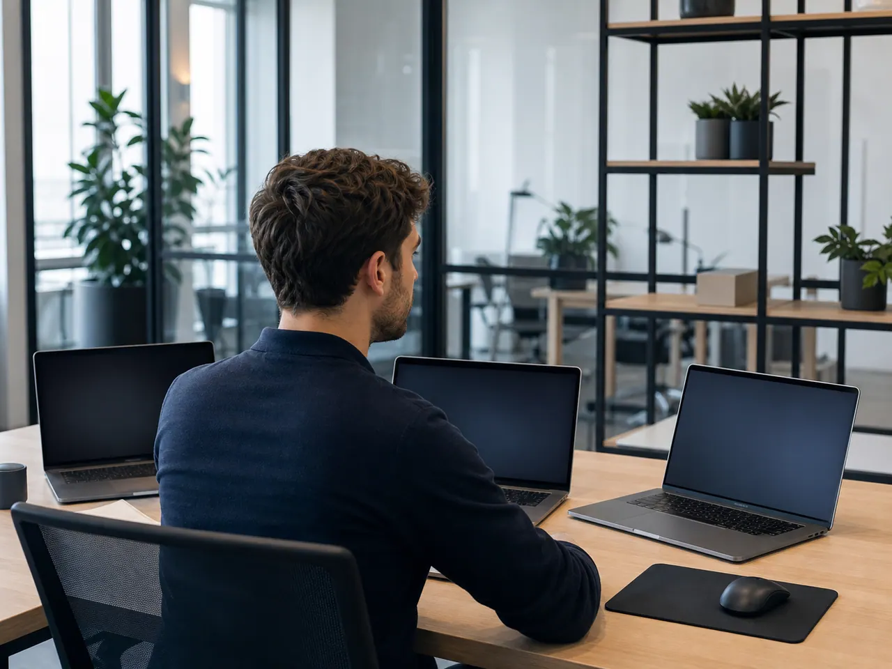 A person at a desk with several laptops open, managing more than one project