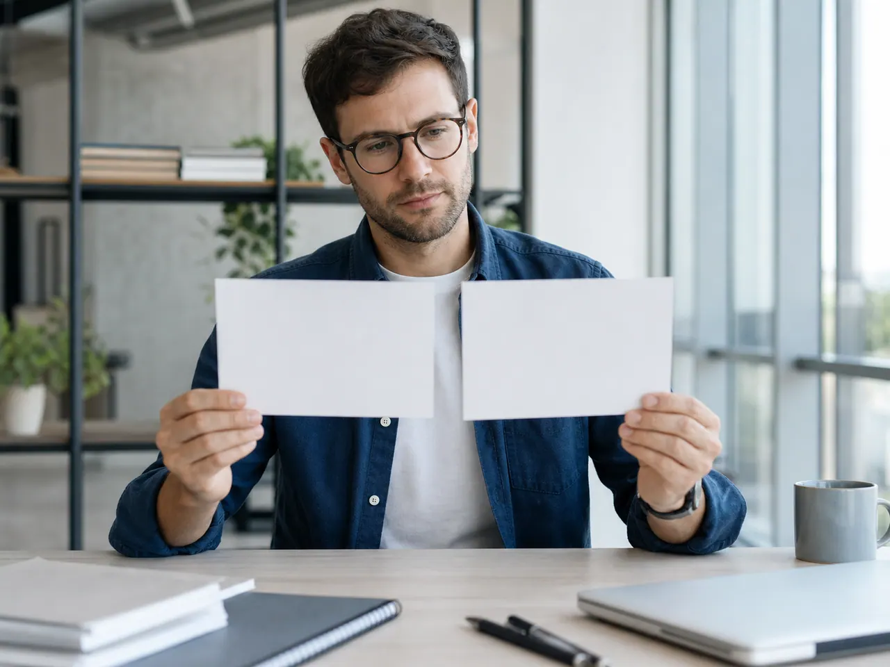 A designer holding up two blank cards to compare them