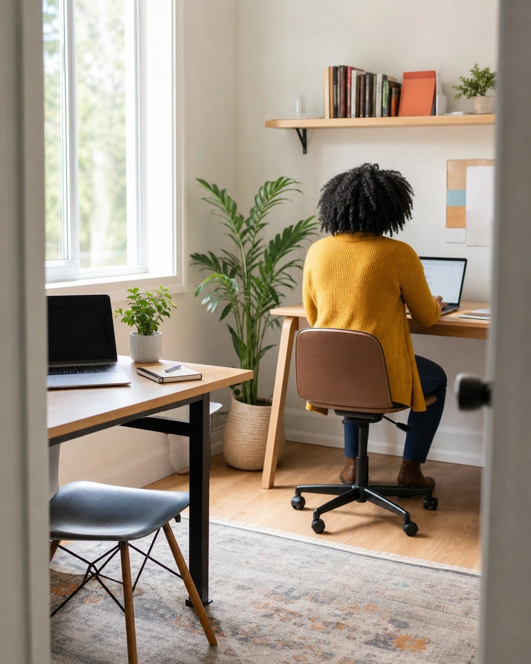 The corner of a small bright workroom with two desks and a person at the far one