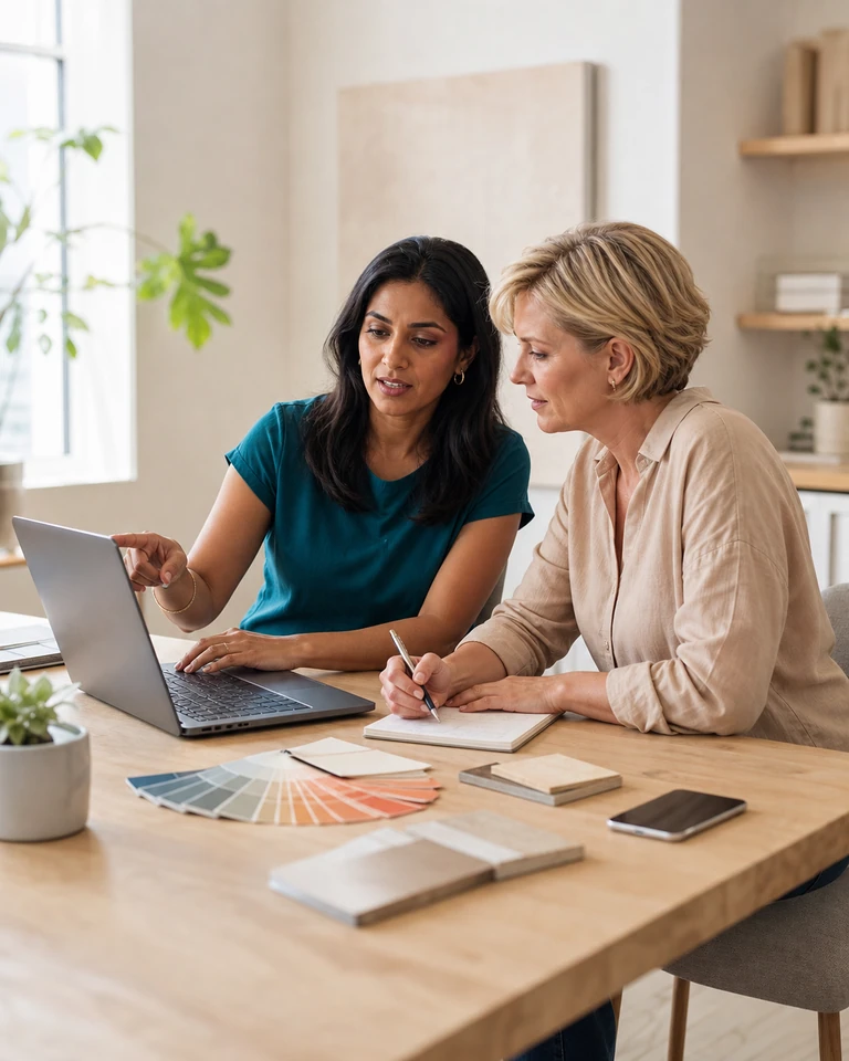 One person showing another some work on a laptop, with a notebook lying beside them