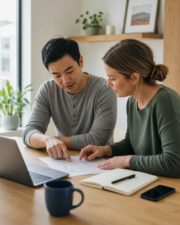Two people at a bright table discussing a sketch next to a laptop