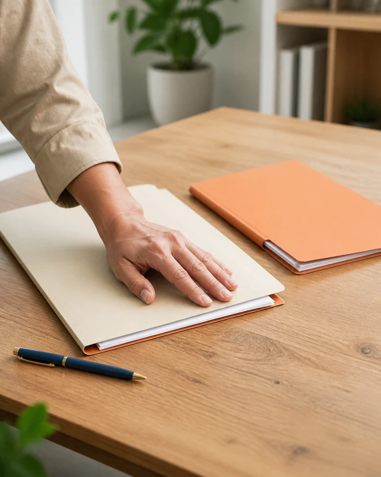A hand calmly closing a paper folder on a desk