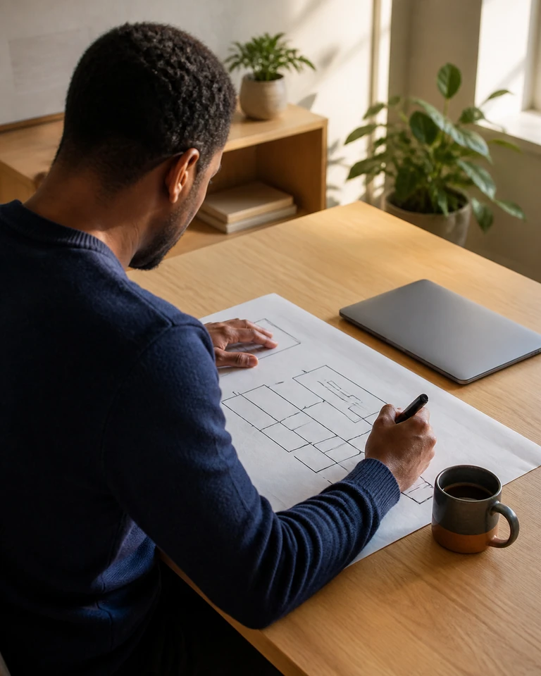 A person early in the morning drawing a diagram on a large sheet of paper with a marker