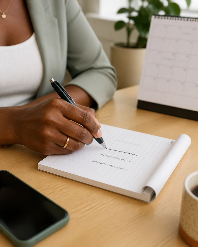 A hand marking one item on a short list on paper with a pen