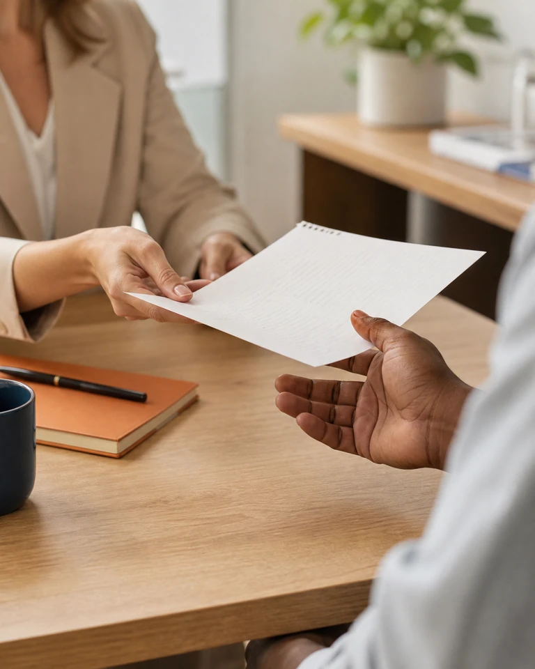 One person handing another a sheet of notes across a table