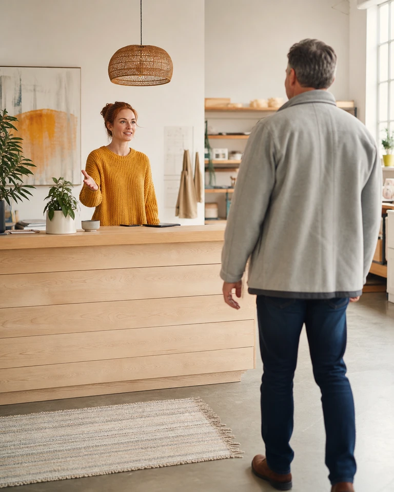 A member of staff at a counter greeting a visitor who has just walked in