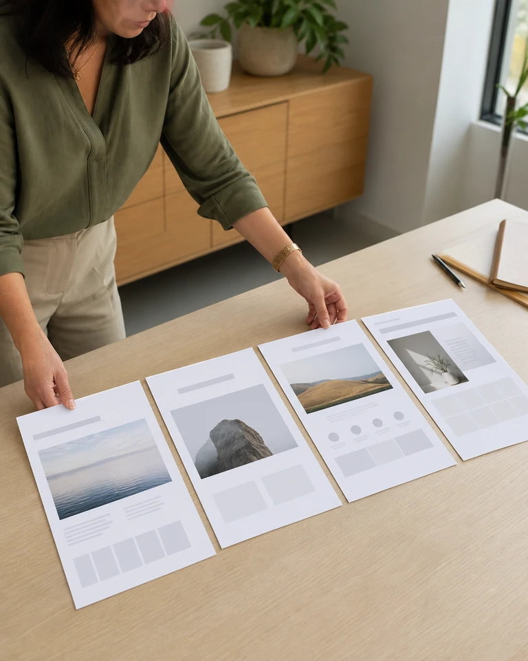 A person laying four printed website page mockups out on a table