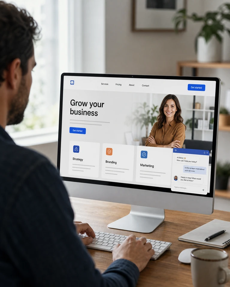 A person at a computer looking at their website, with a visitor chat open in the corner of the screen