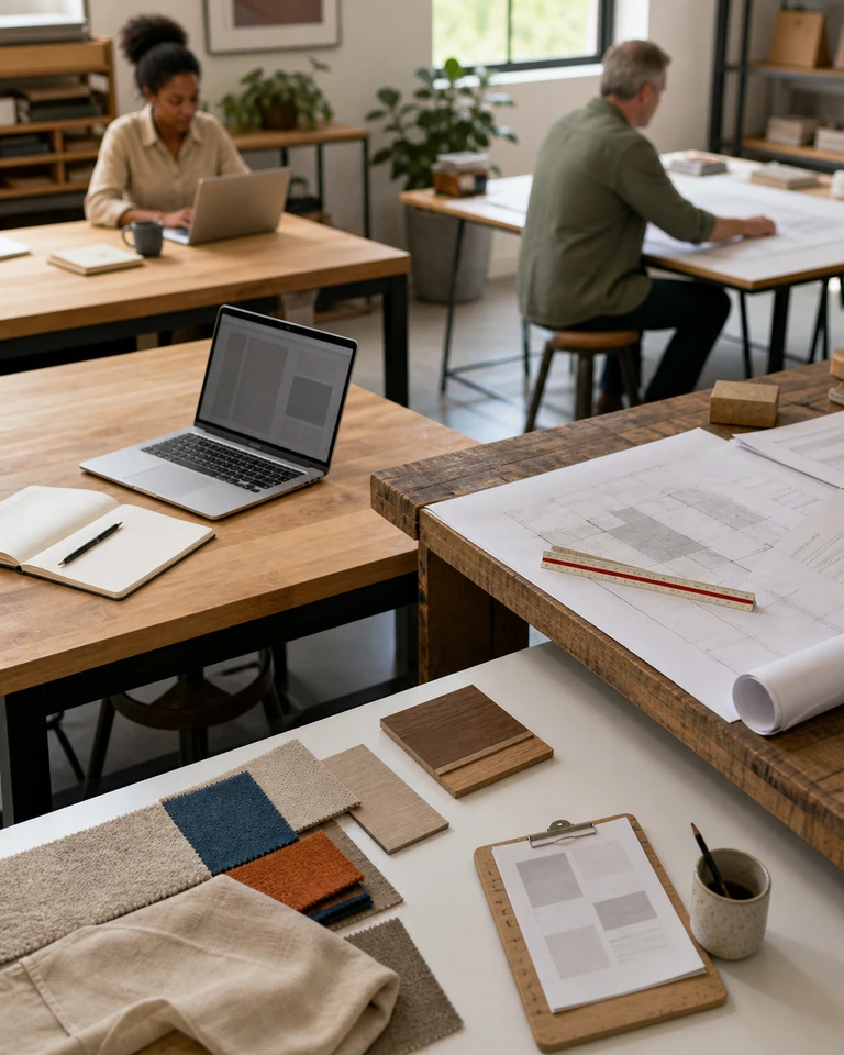 A bright workspace with several different workstations side by side