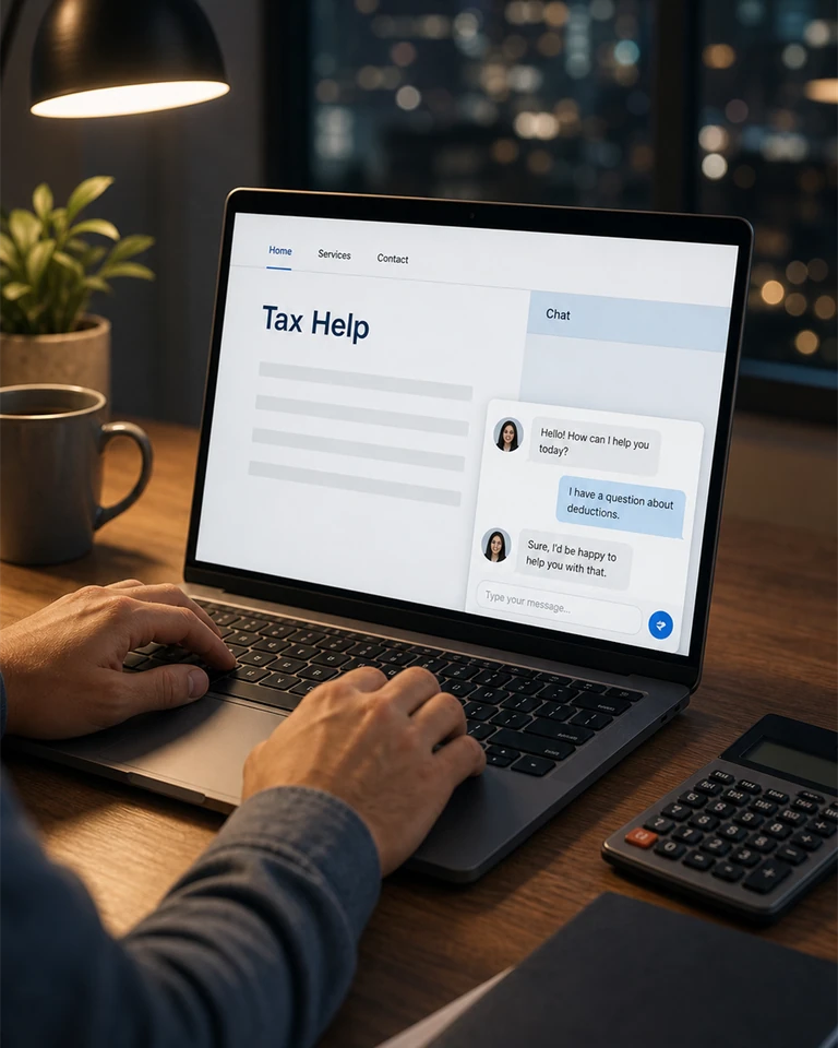 An accounting office desk in the evening with a laptop, a conversation open on the firm's website