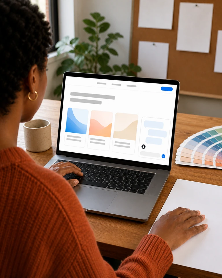 A laptop in an agency studio next to paint swatches and a mockup, with a conversation open on the site