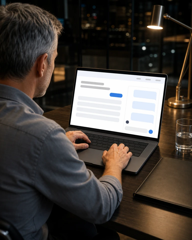 A brokerage office in the evening, a laptop on the desk with a conversation open on the website