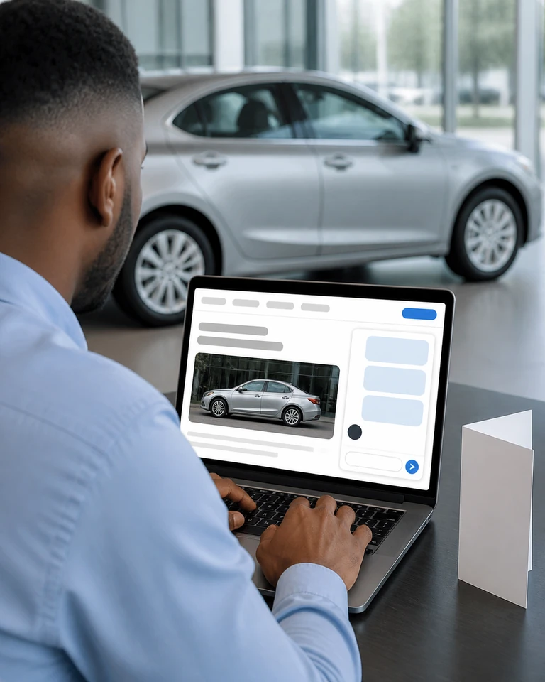 A laptop on a dealership showroom floor with a visitor conversation open on the dealer website