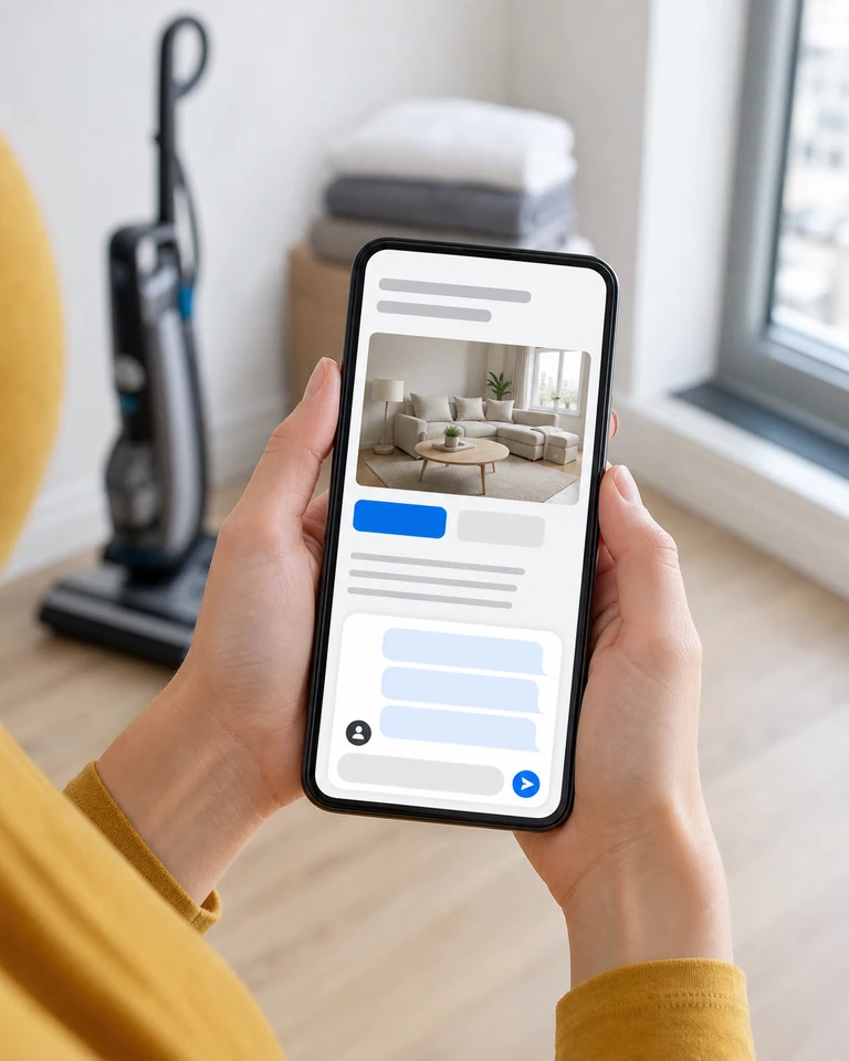 Someone in a bright apartment holding a phone with a conversation open on a cleaning company mobile site