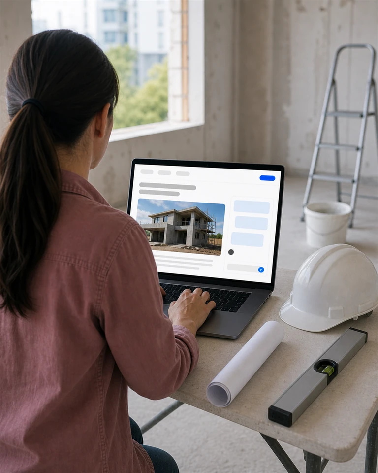A laptop on a site being finished, a conversation about an estimate open on the contractor website