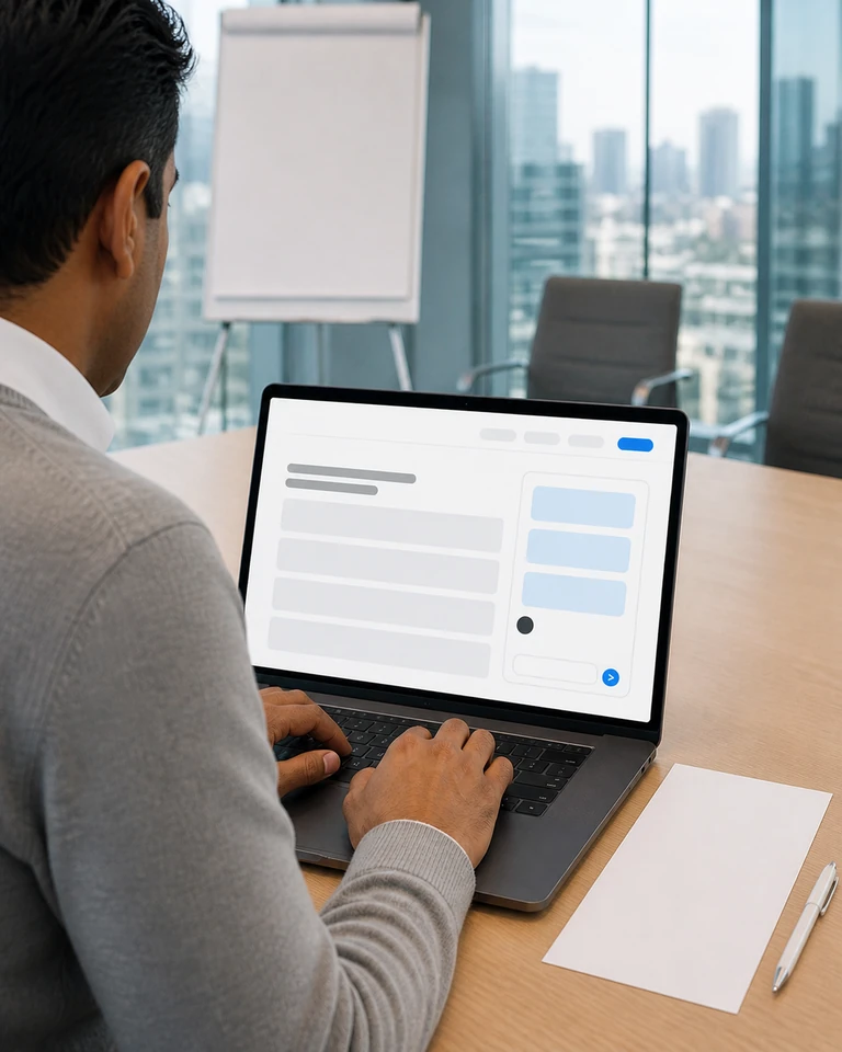 A laptop in a meeting room next to a printout, a conversation open on the consulting firm website