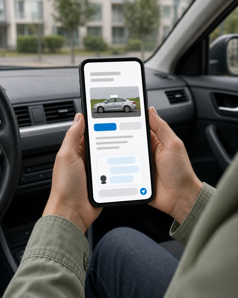 Someone in a parked car holding a phone with a conversation open on a driving school mobile site
