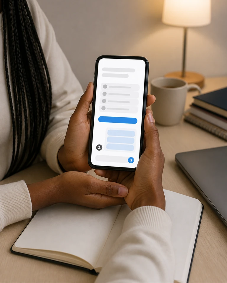 Someone at a desk in the evening holding a phone with a conversation open on a training center mobile site