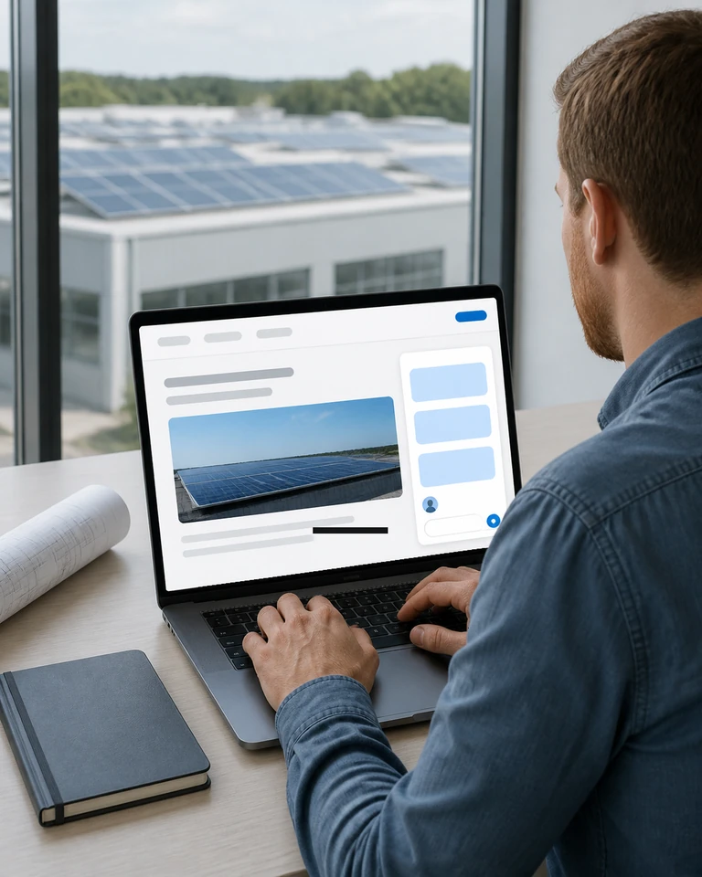 A laptop by a window with a conversation about an estimate open on an energy company website