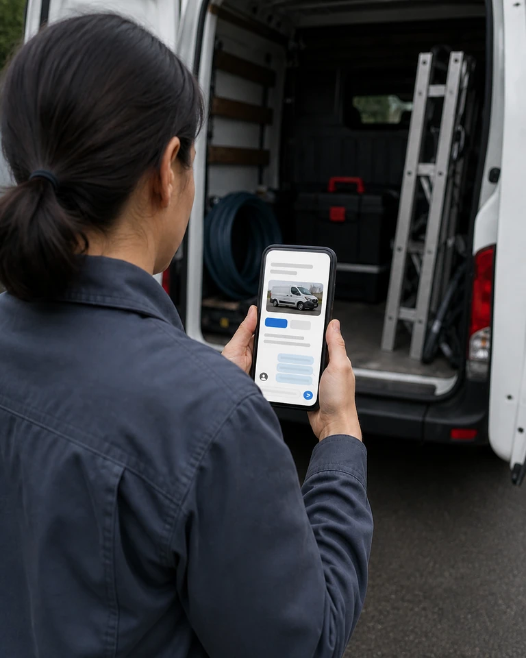 A technician at an open van holding a phone with a conversation open on a field service mobile site