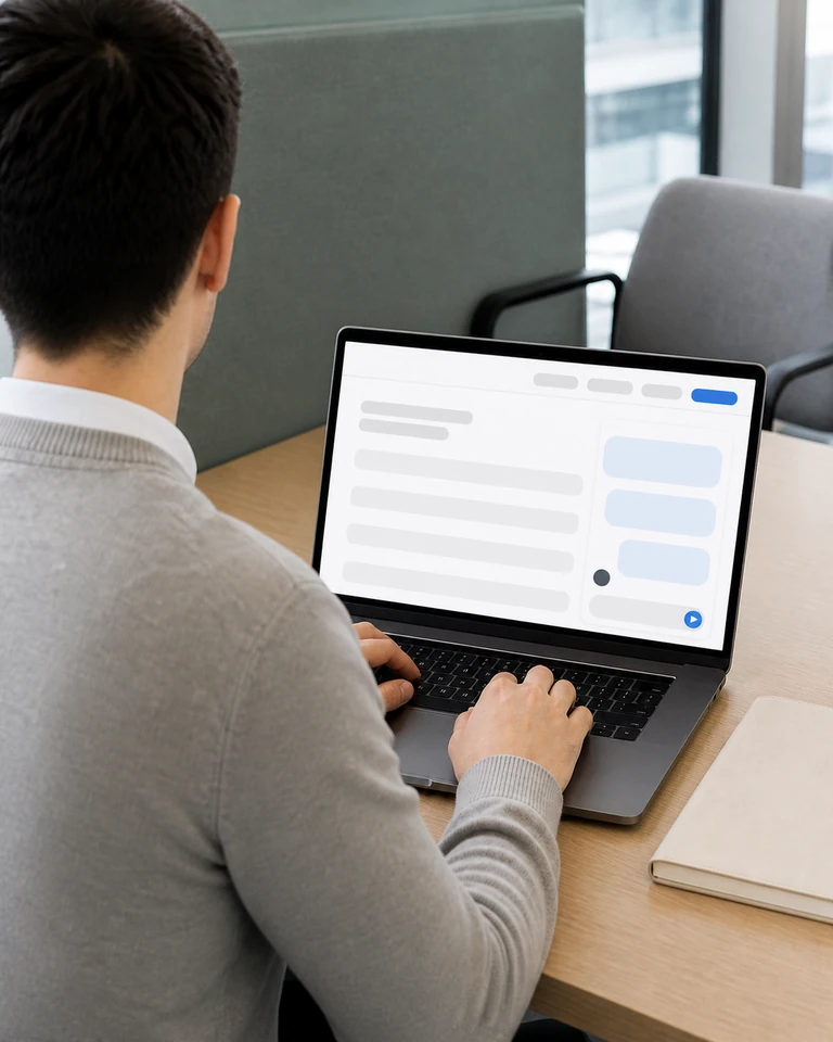A laptop in the office of a financial services firm with a client conversation open on the website