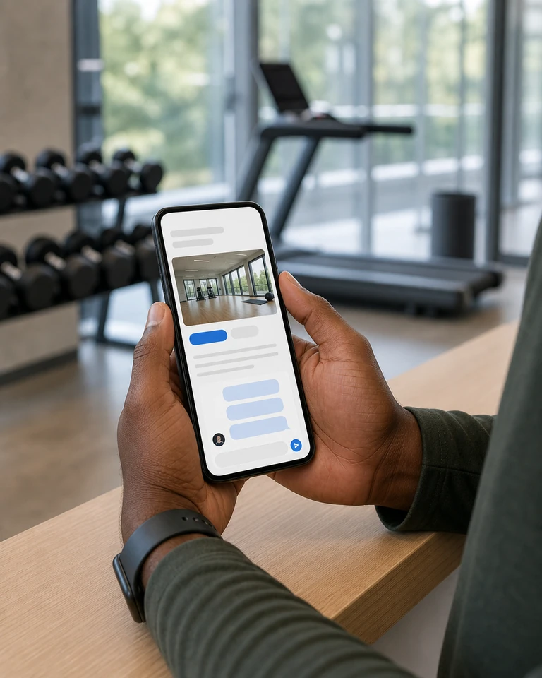 Morning at a fitness club, someone at the front desk holding a phone with a conversation open on the club mobile site
