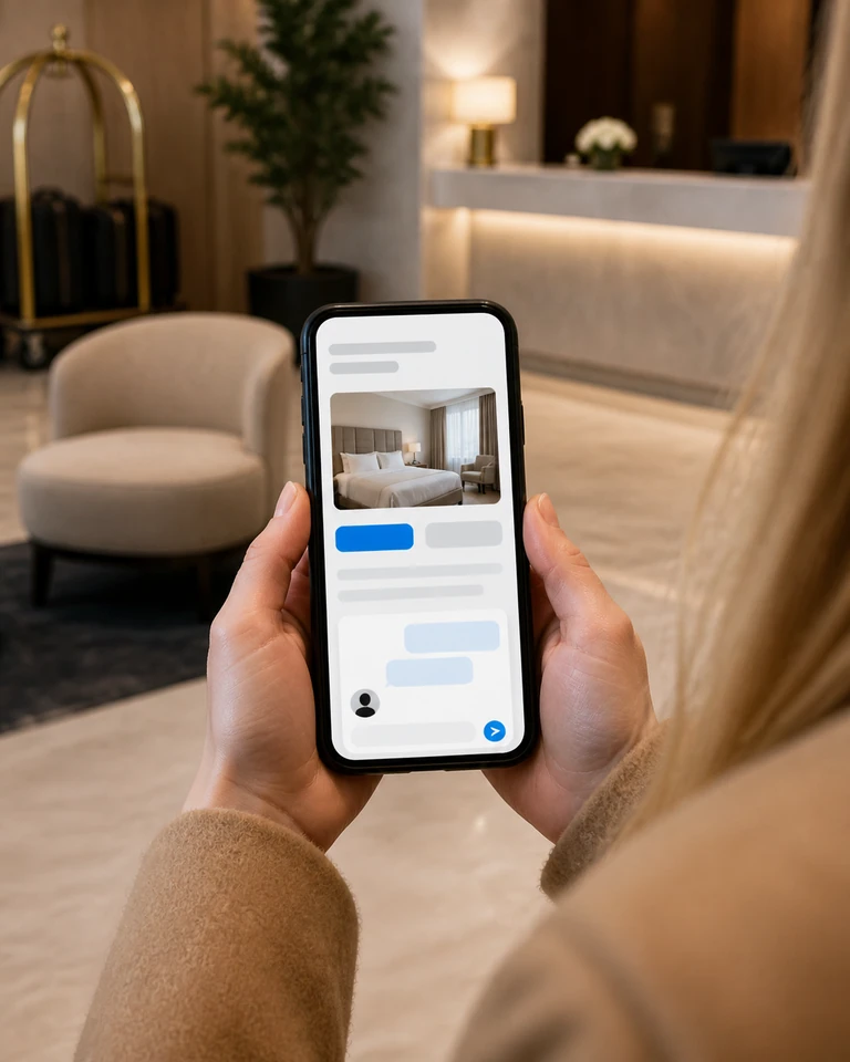 Someone in a hotel lobby holding a phone with a conversation open on the hotel mobile site