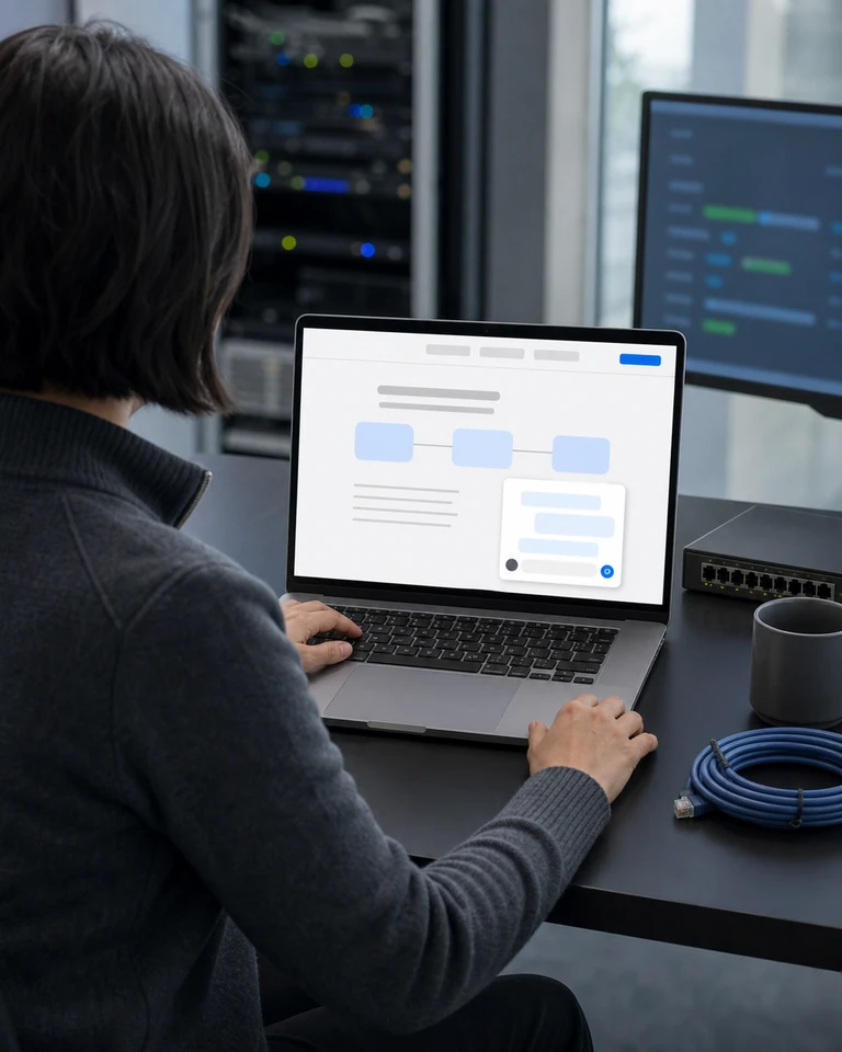 An engineer workstation with a laptop and equipment, a conversation open on the integrator website