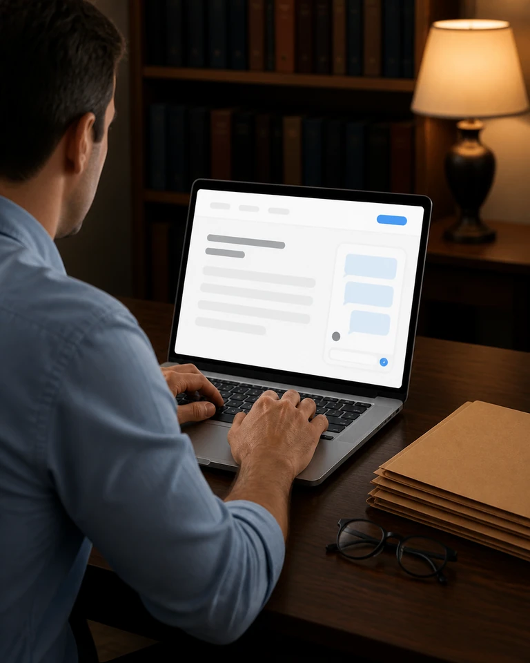 Evening at a law office, a laptop and folders with a conversation open on the firm website