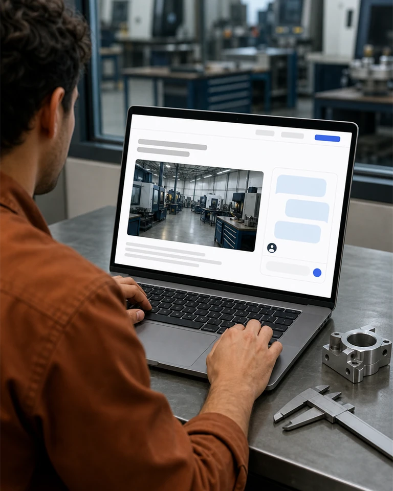 A laptop in a plant office next to a machined part, a conversation open on the manufacturer website