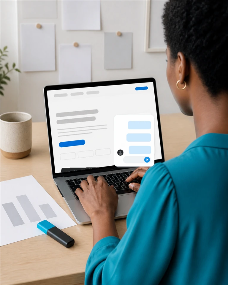 A laptop on a marketer desk with a conversation open next to the form on a landing page