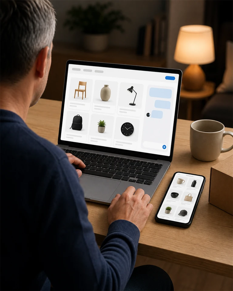 A laptop at home in the evening showing an online store with a conversation about availability open on the site