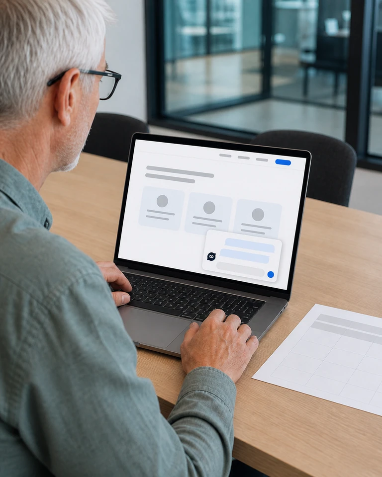 A laptop in a shared workspace with a conversation open on an outsourcing company website