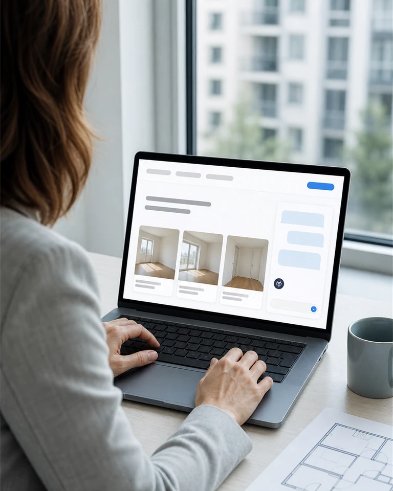 A laptop by a window next to a floor plan, a conversation about matching properties open on the agency website