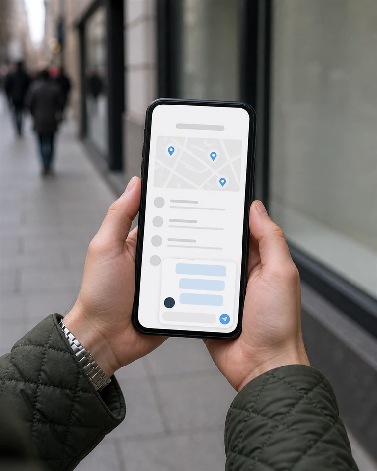 Someone outside a storefront holding a phone with the store list open on the chain mobile site