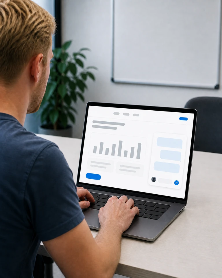 A laptop in an office with a conversation about a demo open on the product website