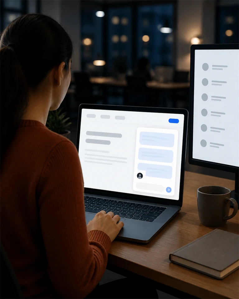Evening in a sales office, a website conversation on the laptop and a list of inquiries on the second screen