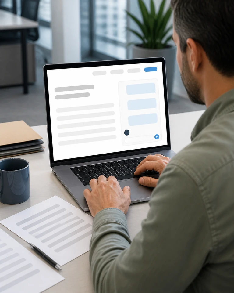 A laptop and a printed job description on a desk, a conversation about a search open on the agency website