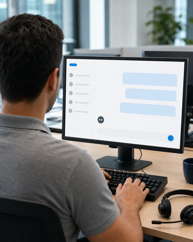 A telecom agent at a monitor with a conversation asking about service at an address