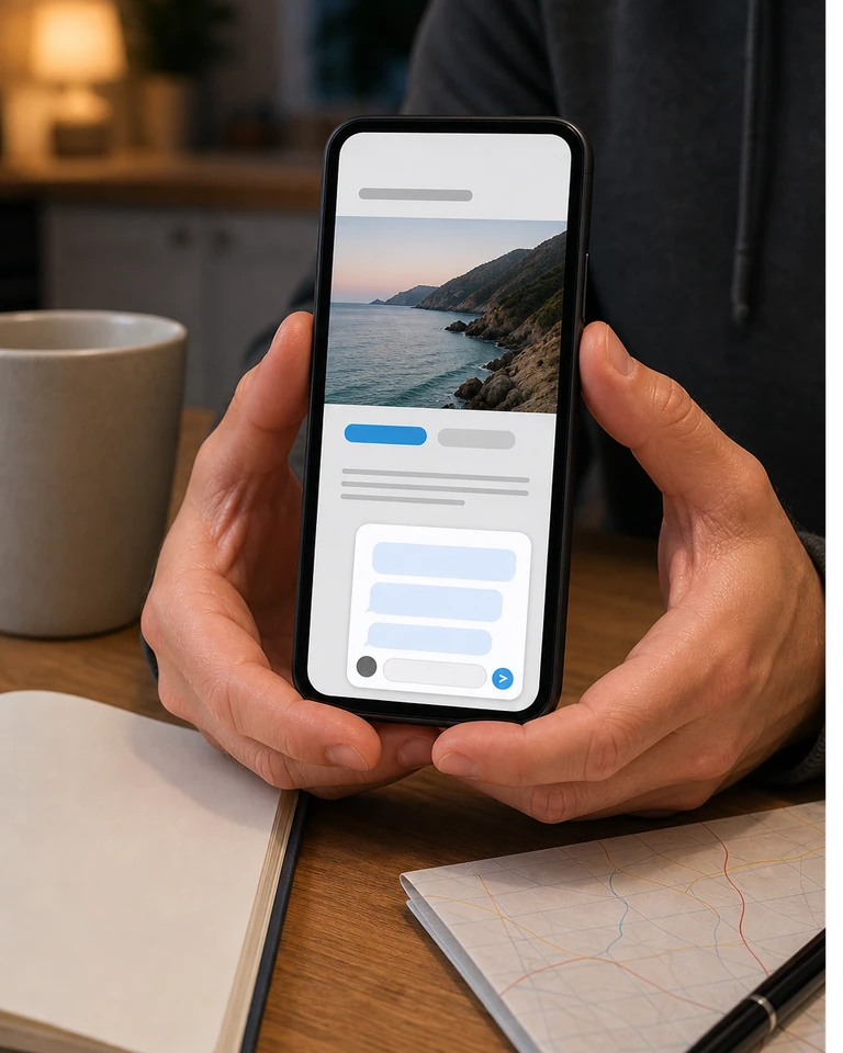 Someone at a desk in the evening holding a phone with a conversation open on a travel agency mobile site