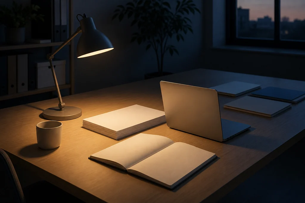 A desk lamp lights a circle of documents on a table, then the edge of the light and shadow