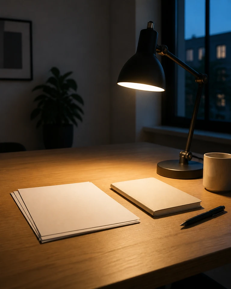 A desk lamp lights a circle of papers on a table, beyond it the shadow begins
