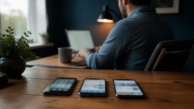 Three phones side by side on a table, a hand reaching for the middle one