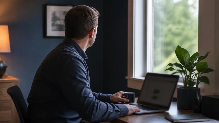 A person at a desk with a mug looking out of the window rather than at the screen