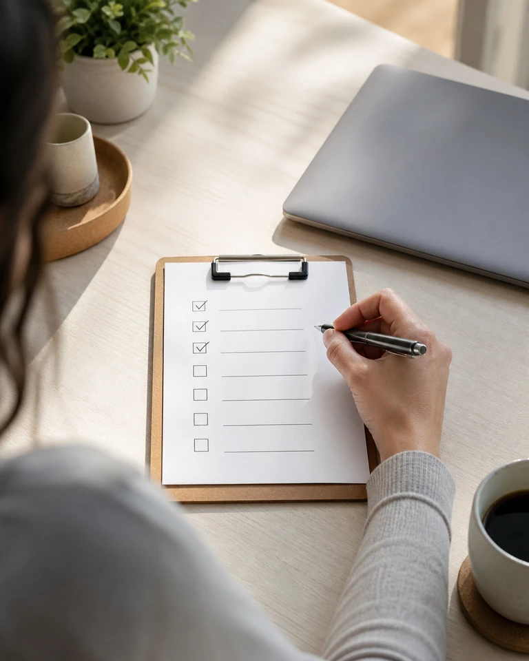 A paper checklist on a clipboard next to a laptop, with some items ticked off