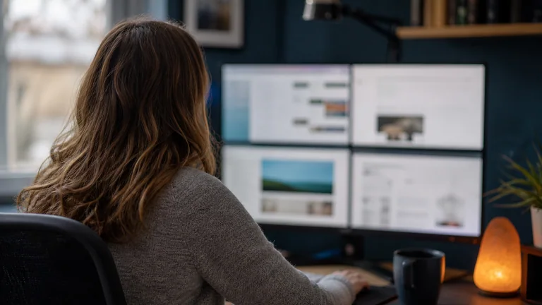 A person leaning back in a chair in front of a monitor showing four different pages