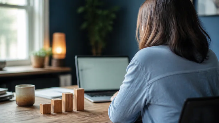Four blocks of different heights in a row in front of a laptop